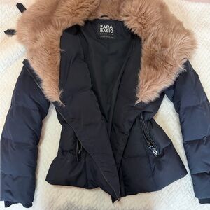 Zara Black Puffer Jacket with Tan Faux Fur